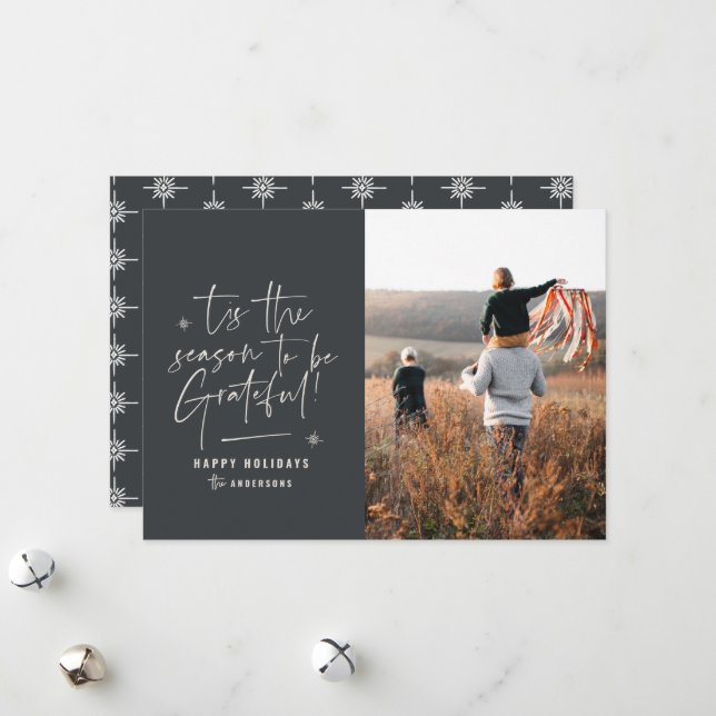 Modern script grateful photo holiday card (Front/Back In Situ)