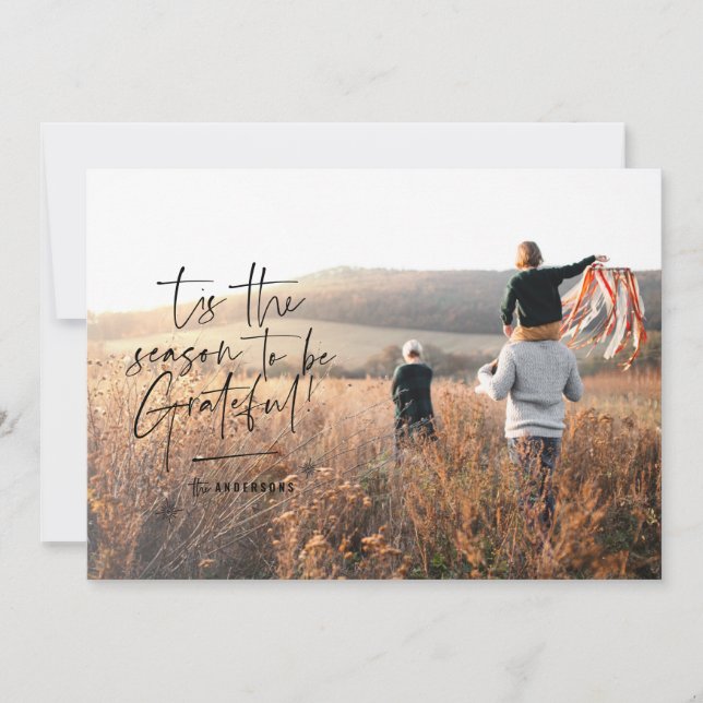 Modern script grateful photo holiday card (Front)