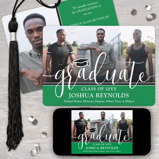 Modern Script Green and White 4 Photo Graduation Announcement (Creator Uploaded)