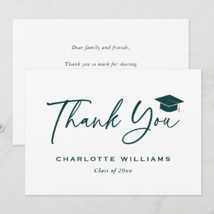 Modern Script Green and White Graduation Cap Thank You Card