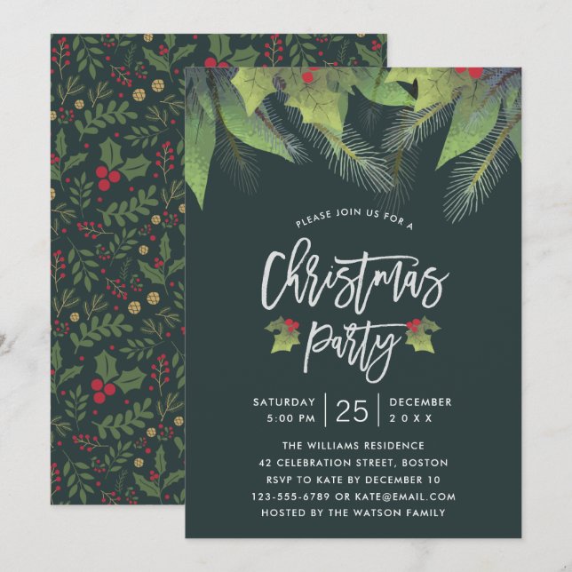 Modern Script Green Holly Leaf Christmas Party Invitation (Front/Back)