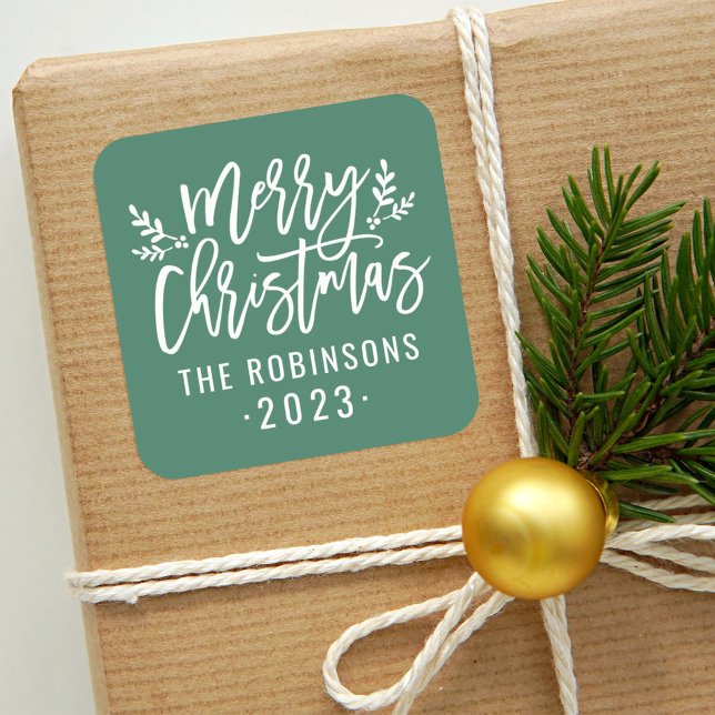 Modern Script Green Merry Christmas Custom Square Sticker (Creator Uploaded)