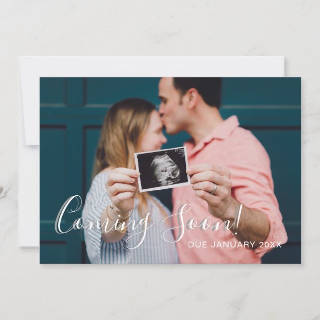 Modern Script Green Stripes Coming Soon Pregnancy Announcement (Front)