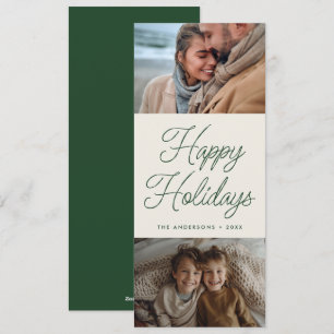 Modern Script Green Two Photo Tall Christmas Holiday Card