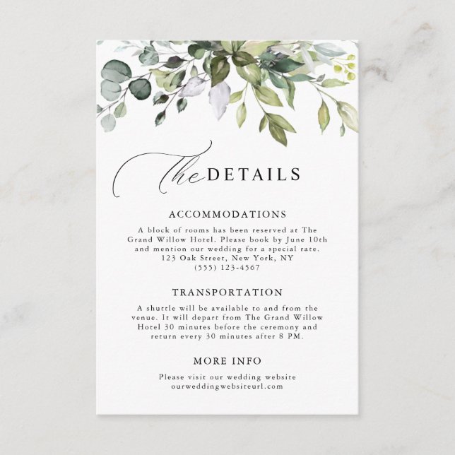 Modern Script Greenery Eucalyptus Wedding Details Enclosure Card (Front)