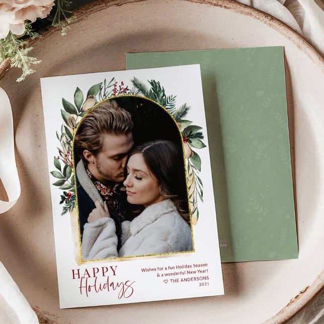 Modern Script Greenery Gold Arch Photo Holiday Card (Creator Uploaded)