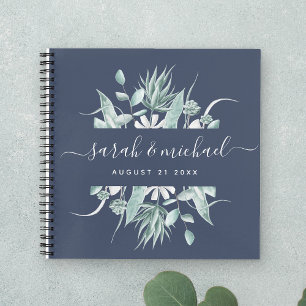 Modern Script Greenery Navy Blue Wedding Guest Notebook