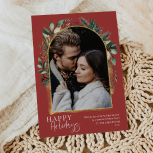 Modern Script Greenery Red Gold Arch Photo Holiday Card
