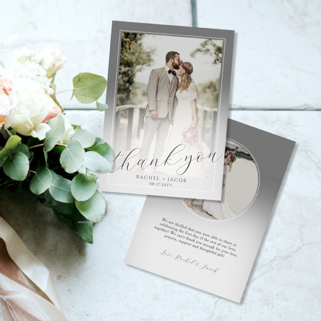 Modern Script Grey 2-Photo Wedding Thank You Card (Creator Uploaded)