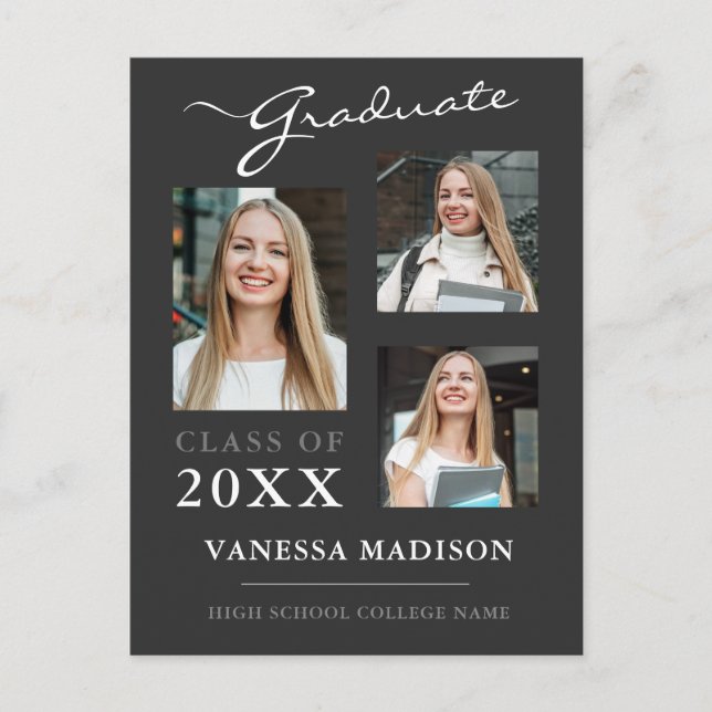 Modern Script Grey Graduate Announcement Postcard (Front)