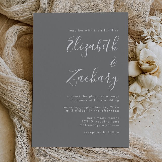 Modern Script Grey White Wedding Invitation (Creator Uploaded)