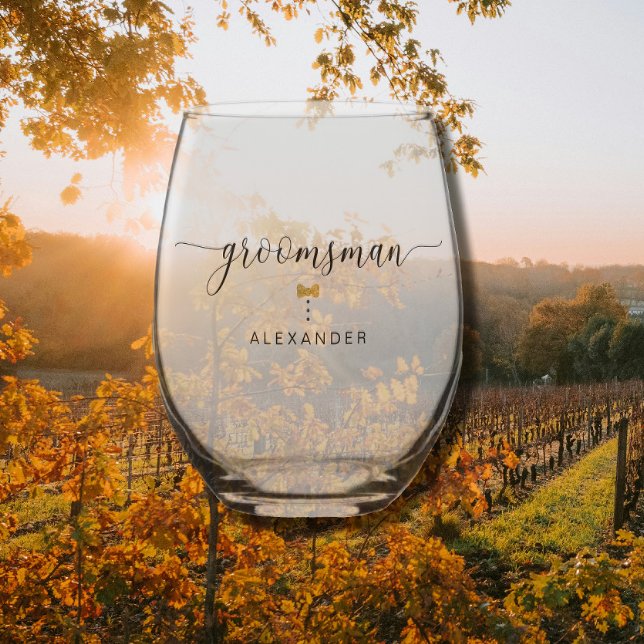Modern Script Groomsman Bow Tie Gold Name Wedding Stemless Wine Glass (Creator Uploaded)