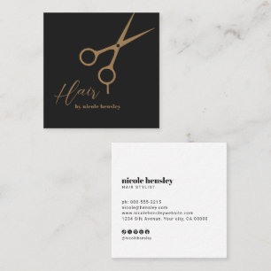 Modern Script Hair Stylist Scissors Black & Gold Square Business Card