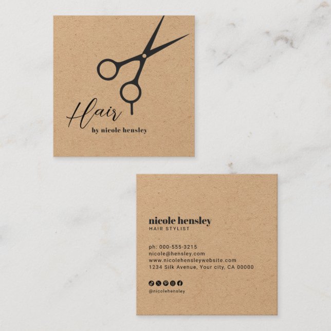 Modern Script Hair Stylist Scissors Rustic Kraft Square Business Card (Front/Back)