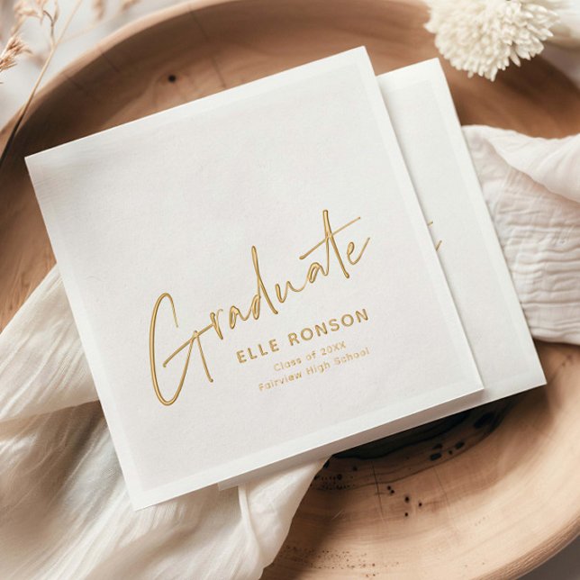 Modern Script Hand Lettered Graduation Foil Napkins (Elegant Foil Graduation Party Napkins.)