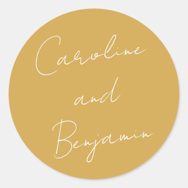 Modern Script Handwriting Dusty Yellow Wedding Classic Round Sticker (Front)