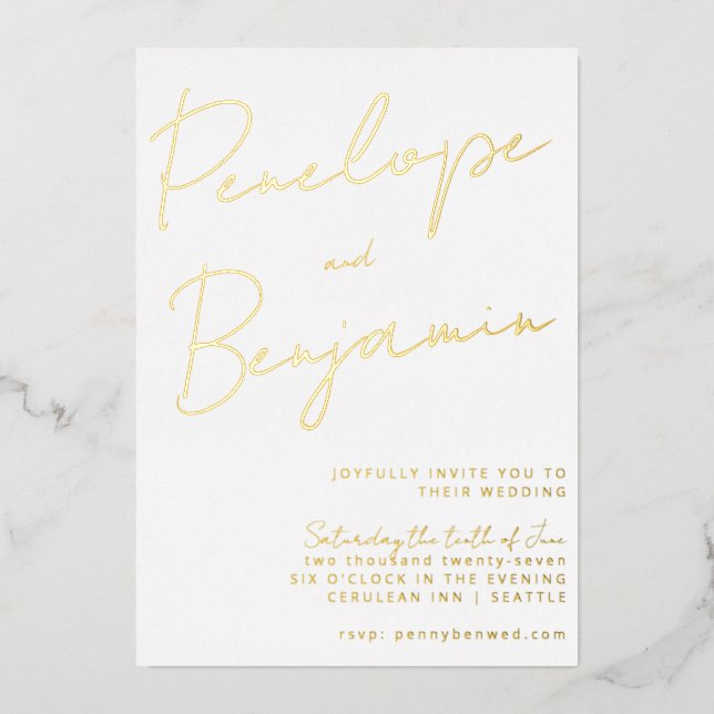 Modern Script Handwriting Gold and White Wedding (Front)