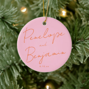 Modern Script Handwriting Pink and Orange Wedding Ceramic Tree Decoration