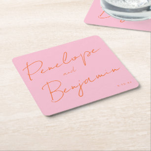 Modern Script Handwriting Pink and Orange Wedding Square Paper Coaster