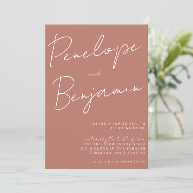 Modern Script Handwriting Terracotta Clay Wedding Invitation (Standing Front)