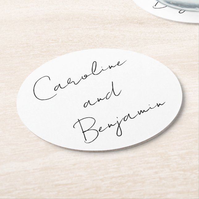 Modern Script Handwriting Wedding Boho White  Round Paper Coaster (Angled)