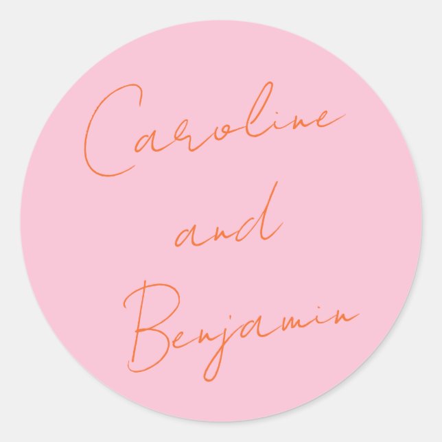 Modern Script Handwriting Wedding Pink and Orange Classic Round Sticker (Front)