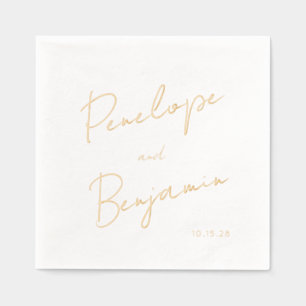 Modern Script Handwriting Wedding White and Gold Foil Napkins