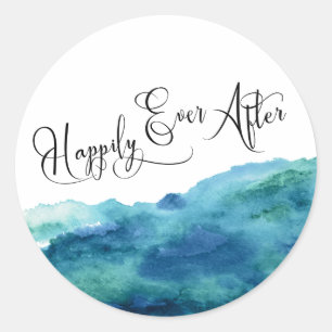 Modern Script Happily Ever After Blue Green Aqua Classic Round Sticker