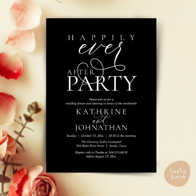 Modern Script Happily Ever After Party Elopement Invitation (Modern Script Happily Ever After Dinner Party Elopement Invitation Card in Black and White)
