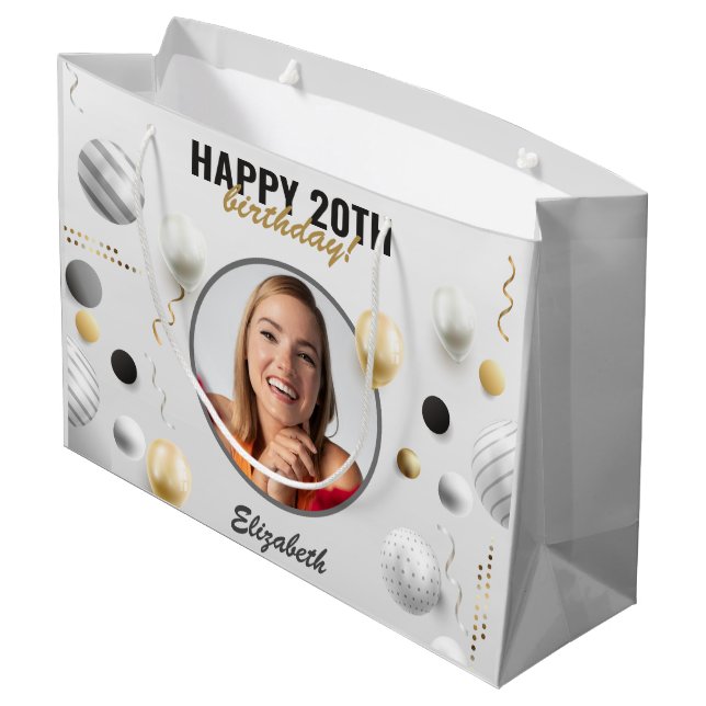 Modern Script Happy Birthday Custom Photo Gift Large Gift Bag (Back Angled)
