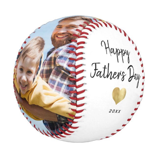 Modern Script Happy Father's Day Gold Heart Photo Baseball (Angled)