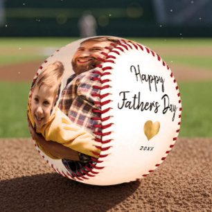 Modern Script Happy Father's Day Gold Heart Photo Baseball