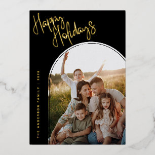 Modern Script Happy Holidays Add 2 Photo Foil Holiday Card