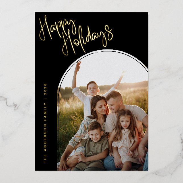 Modern Script Happy Holidays | Add 2 Photo  Foil Holiday Card (Front)