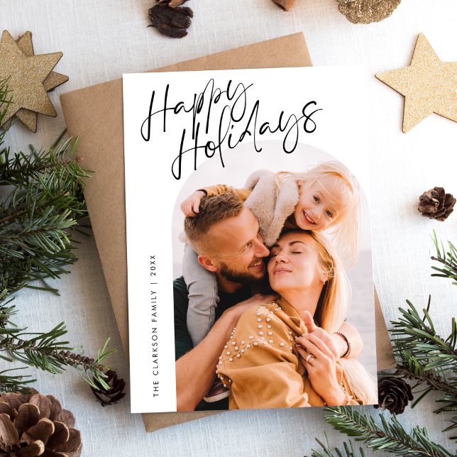 Modern Script Happy Holidays Arch 2 Photo Holiday Card (Creator Uploaded)