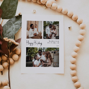 Modern Script Happy Holidays Centred Three-Photo Holiday Card