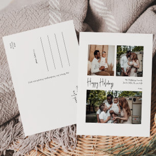 Modern Script Happy Holidays Centred Three-Photo  Holiday Postcard
