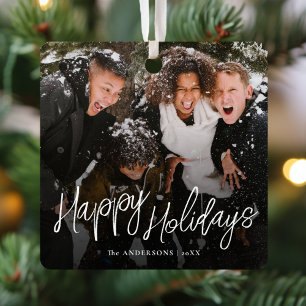Modern Script Happy Holidays Christmas Photo Metal Tree Decoration