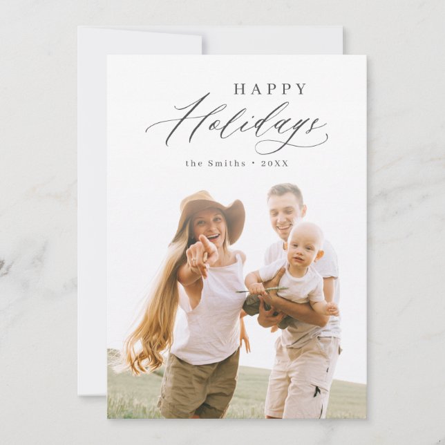 Modern Script Happy Holidays Family Photo Holiday Card (Front)
