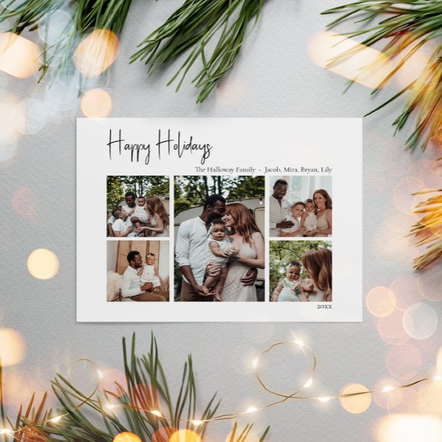 Modern Script Happy Holidays Five-Photo Holiday Card (Creator Uploaded)