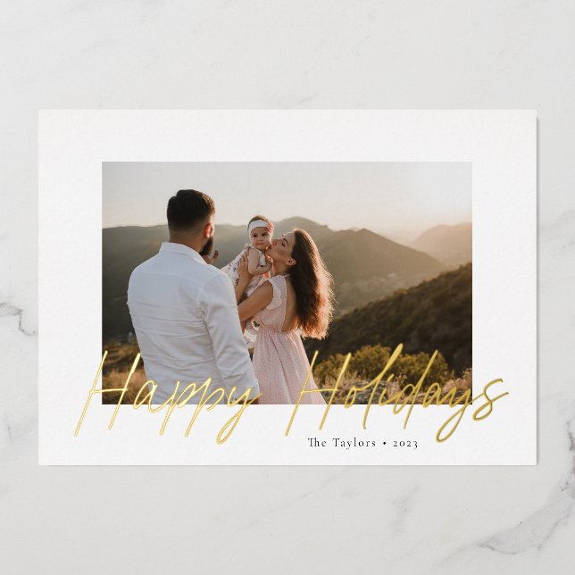 Modern Script Happy Holidays Foil Photo Card  (Front)