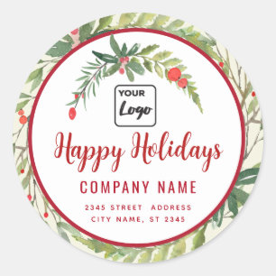 Modern script Happy Holidays red holly logo Classic Round Sticker