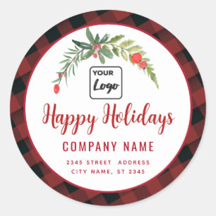 Modern script Happy Holidays red holly logo  Classic Round Sticker