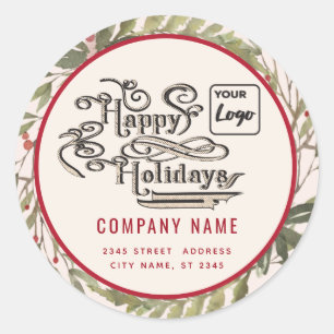 Modern script Happy Holidays red holly logo  Classic Round Sticker