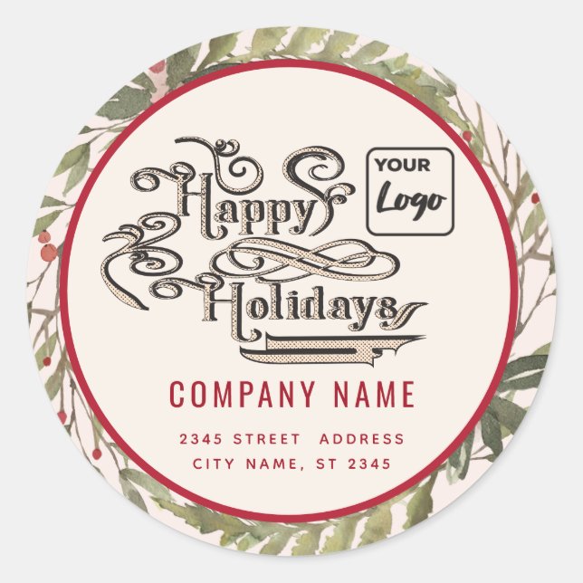 Modern script Happy Holidays red holly logo  Classic Round Sticker (Front)