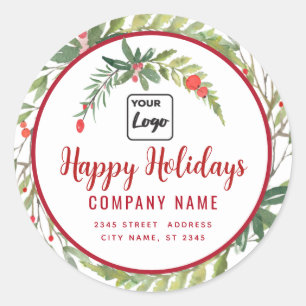 Modern script Happy Holidays red holly logo  Classic Round Sticker