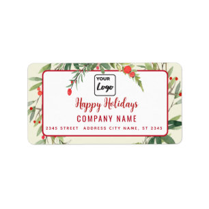 Modern script Happy Holidays red holly logo  Label