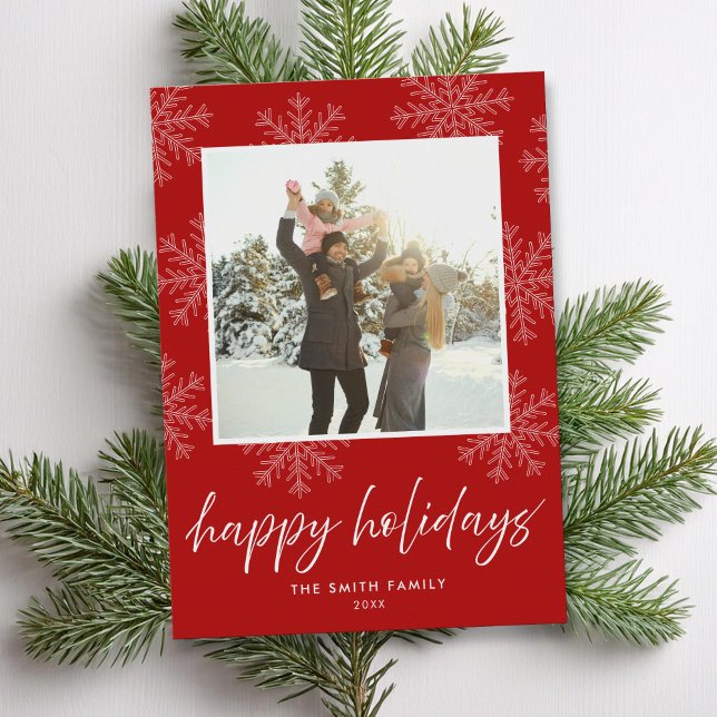 Modern Script Happy Holidays Snowflakes Photo Holiday Card (Creator Uploaded)
