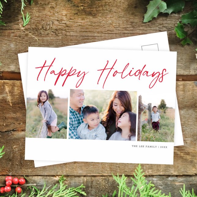 Modern Script Happy Holidays Three Photo Holiday Postcard (Creator Uploaded)
