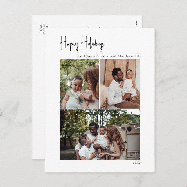 Modern Script Happy Holidays Vertical 3 Photo Holiday Postcard (Front/Back)